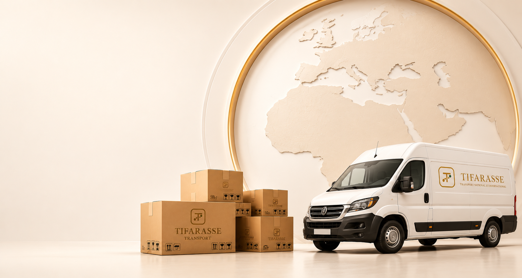 Véhicule Tifarasse chargé de colis pour le transport entre la France et le Maroc, agence de Ris-Orangis